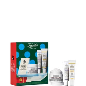 Kiehls Polished to Party Gift Set featuring three skincare products in festive blue and white holiday packaging