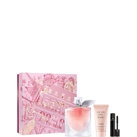 Lanc&ocirc;me La Vie Est Belle fragrance gift set with EDP bottle, body lotion, and mini mascara in pink illustrated box
