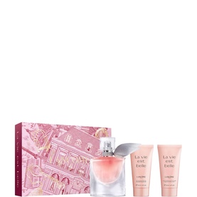Lanc&ocirc;me La Vie Est Belle gift set with EDP bottle, two pink travel-sized body lotions, and pink illustrated gift box