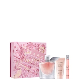 Lanc&ocirc;me La Vie Est Belle Eau de Parfum gift set with full-size bottle, body lotion, and travel spray in pink decorative box