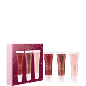 Lanc&ocirc;me Juicy Tubes lip gloss gift set, four mini tubes in pink and berry shades, displayed with pink star-print gift box