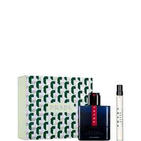 Prada Luna Rossa Ocean Eau de Parfum gift set with full-size bottle and travel spray, presented in branded green geometric print box