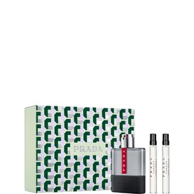 Prada Luna Rossa fragrance gift set with patterned green and white box, one large bottle and two travel-size sprays