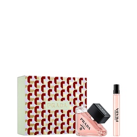 Prada fragrance gift set with patterned box, pink eau de parfum bottle and travel-size spray pen