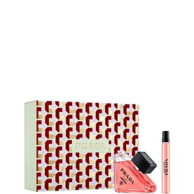Prada Paradoxe Eau de Parfum gift set with patterned box, full-size bottle, and travel spray in coral-pink tones