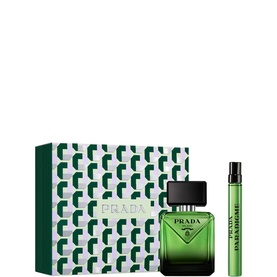 Prada Paradoxe Intense Eau de Parfum gift set with green geometric patterned box, fragrance bottle and travel spray