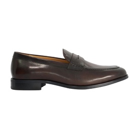 Dune brown leather penny loafer with apron toe, saddle strap detail, and dark low block sole