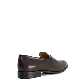 Dune brown leather penny loafer, rear three-quarter view showing heel counter and slim leather sole.