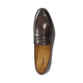 Dune brown leather penny loafer, overhead view showing tan leather lining and classic saddle strap detail.