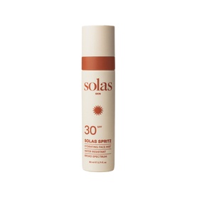 Solas Skin Solas Spritz SPF 30 Face Mist, white spray bottle with sun icon and water-resistant broad spectrum formula