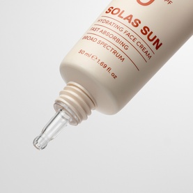 Solas Skin Solas Sun Hydrating Face Cream SPF in a white tube with open nozzle tip, broad spectrum, 50ml