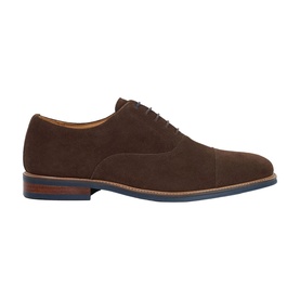 Brown suede Oxford shoes with cap toe, lace-up fastening, and navy contrast sole