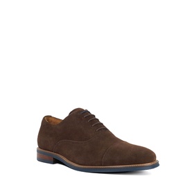 Dark brown suede Oxford shoes with cap toe, lace-up fastening, and navy contrast sole