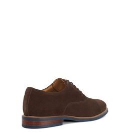 Dark brown suede Oxford lace-up shoe, rear three-quarter view, with navy and brown layered sole