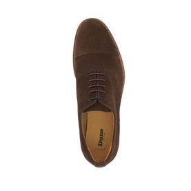 Dune London brown suede Oxford shoe, overhead view showing cap toe, dark lace detail and tan leather insole