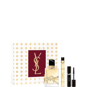 Yves Saint Laurent Libre Eau de Parfum gift set with travel spray and mascara, presented in festive gold and red packaging