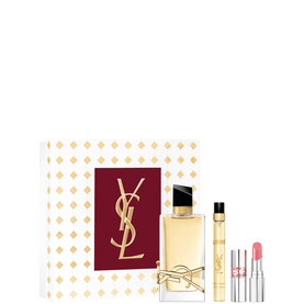 Yves Saint Laurent Libre Eau de Parfum gift set with large bottle, travel spray, and pink lipstick on branded box