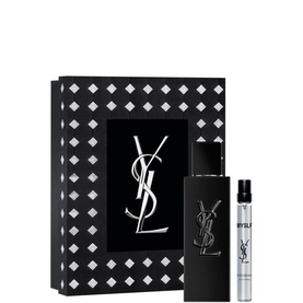 YSL Myslf Le Parfum & Travel Spray Gift Set 60ml, black geometric patterned box with full-size bottle and miniature travel spray