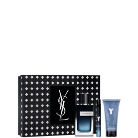 Yves Saint Laurent Y Eau de Parfum gift set with full-size bottle, travel spray, and shower gel in branded black gift box
