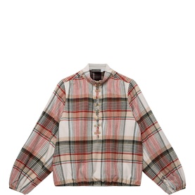 Mint Velvet cream plaid check jacket with button placket, mock neck collar, and elasticated cuffs
