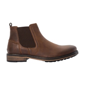 Tan brown leather Chelsea boot with elasticated side gusset, pull tab, and dark rubber lug sole