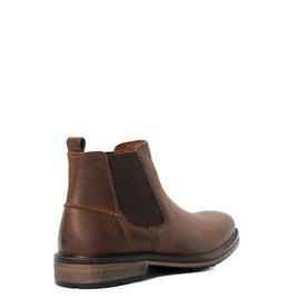 Tan brown leather Chelsea boot with elasticated side panels and low stacked heel, shown from rear three-quarter angle