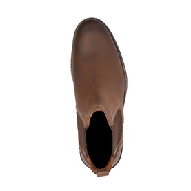 Tan brown leather Chelsea boot shown from above, featuring elasticated side gusset and pull tab detail