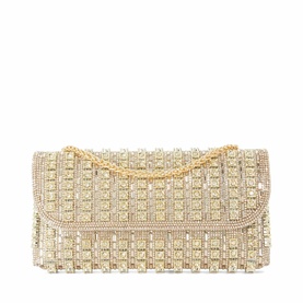 Dune gold crystal-embellished clutch bag with quilted rhinestone design and gold chain strap.