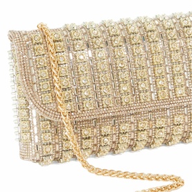 Dune gold embellished clutch bag with all-over crystal and bead detailing, gold chain strap.