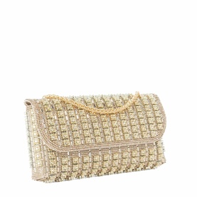 Dune gold embellished clutch bag with pearl and crystal detailing, flap closure, and gold chain strap.