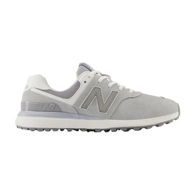 New Balance Golf 574 womens golf shoe in light grey suede with silver N logo, white sole and spikeless outsole
