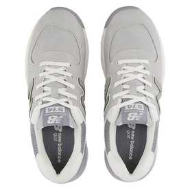 New Balance Golf 574 women's golf shoes in light grey, top-down view showing lace-up front, navy logo detail and white sole