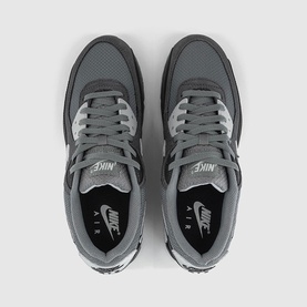 Nike Air Max 90 trainers in dark grey and cool grey, shown from above, with white lacing and black sole detail