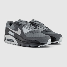Nike Air Max 90 trainers in dark grey and wolf grey with mesh and suede upper, white Air unit, and charcoal rubber sole