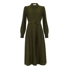 Phase Eight green midi shirt dress with collar, long sleeves, button placket, and self-tie waist belt, A-line skirt