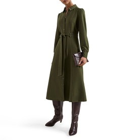 Model wearing Phase Eight green midi shirt dress with tie waist belt, styled with dark knee-high boots and small clutch bag