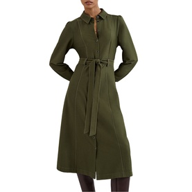 Model wearing Phase Eight green midi shirt dress with tie belt and button-front detail, long sleeves and collared neckline