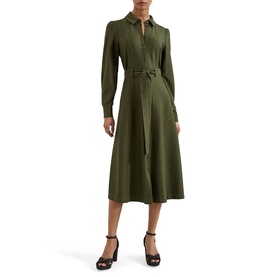 Model wearing Phase Eight green long-sleeve midi shirt dress with tie waist belt, styled with black heeled sandals
