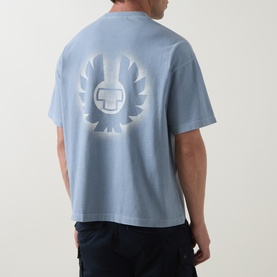 Model wearing Belstaff Mist Blue cotton crew neck T-shirt, back view showing large tonal graphic logo print.