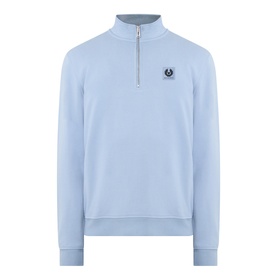 Belstaff Half Zip sweatshirt in Mist Blue, 100% cotton with quarter-zip neckline and embroidered logo badge at chest