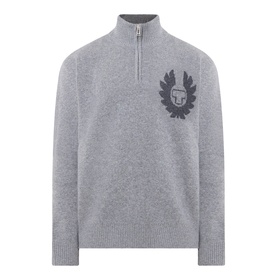 Belstaff grey marl half-zip knit jumper with embroidered logo crest on chest, ribbed cuffs and hem