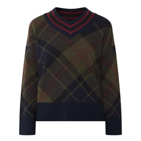 Barbour Shadow Classic Tartan wool-blend crew neck jumper with V-neck contrast stripe detail and ribbed hem and cuffs