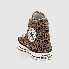 Converse Chuck Taylor All Star high-top trainer in leopard egret print, cream rubber toe cap and sole, rear three-quarter view