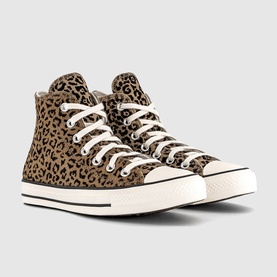 Converse Chuck Taylor All Star high-top trainers in leopard egret print canvas with white laces and cream rubber sole.