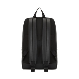 Calvin Klein black backpack, rear view showing padded shoulder straps, top carry handle, and clean minimalist back panel
