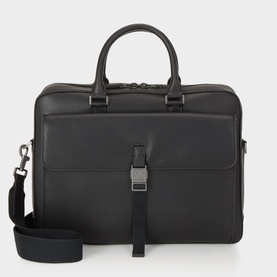 Calvin Klein Commuter Logo Briefcase in black with gunmetal hardware, engraved buckle front pocket, top handles and detachable crossbody strap