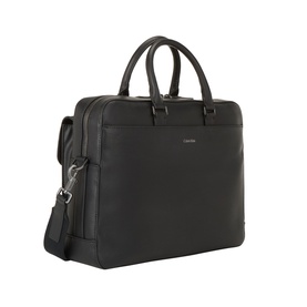 Calvin Klein Commuter Logo Briefcase in black with gunmetal hardware, top handles, front flap pocket, and detachable crossbody strap