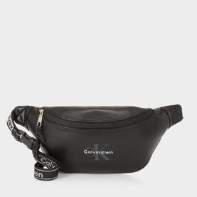 Calvin Klein black bum bag with silver logo, branded monochrome webbing strap and zip closure