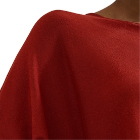 Model wearing Phase Eight brown top, close-up detail of batwing sleeve and boat neckline in smooth crepe fabric