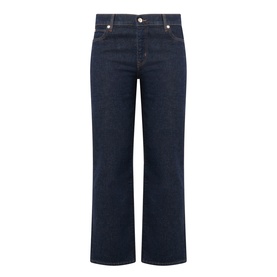 FRAME DENIM Slim Jeans in Rinse dark blue denim, wide-leg crop cut, gold-tone hardware, five-pocket style, flat lay